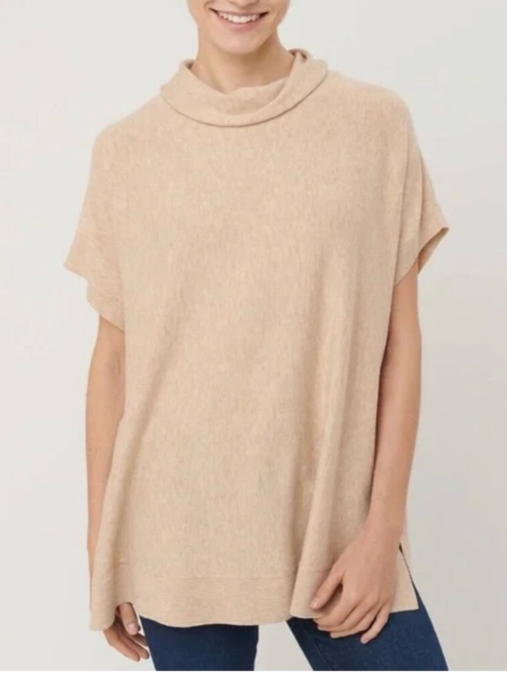 LOFT Tan Short Sleeve Funnel Neck Sweater Poncho